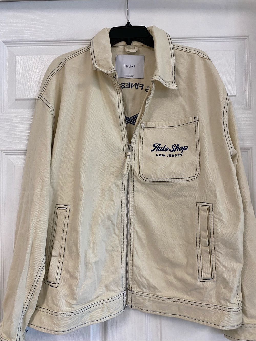 Bershka Cream Zip-Up Auto Shop Jacket with Chest Pocket